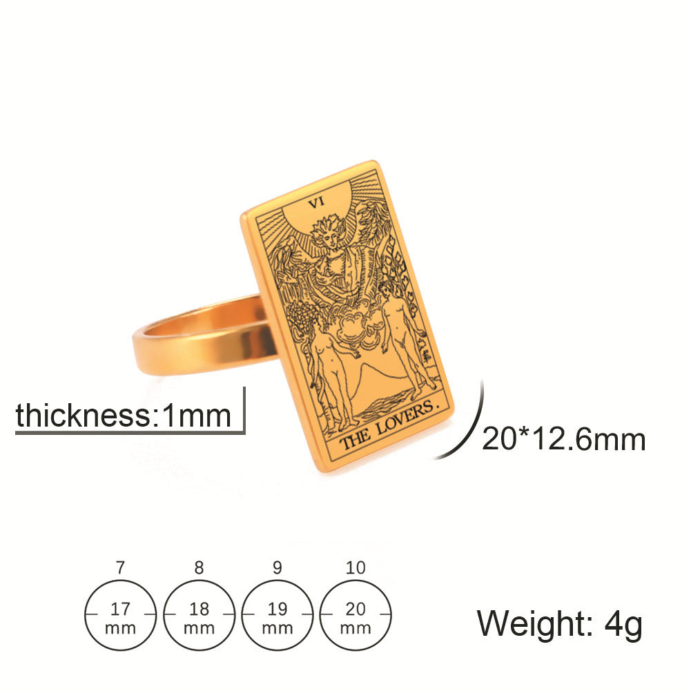 Unisex Tarot Card Ring Stainless Steel European American Patterned Jewelry Travel Souvenir Gift Accessory Men Women