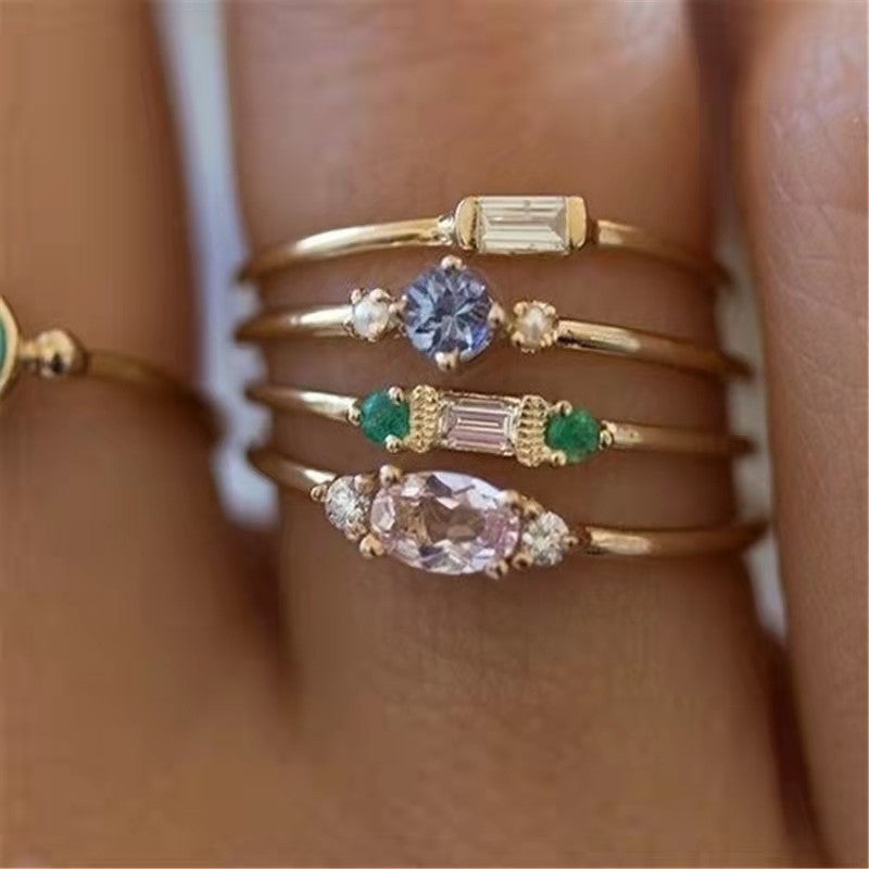 Womens Golden Alloy Ring Set With Rhinestone Inlay Geometric Metal Stitch Detailing Fashion Jewelry Ring Style