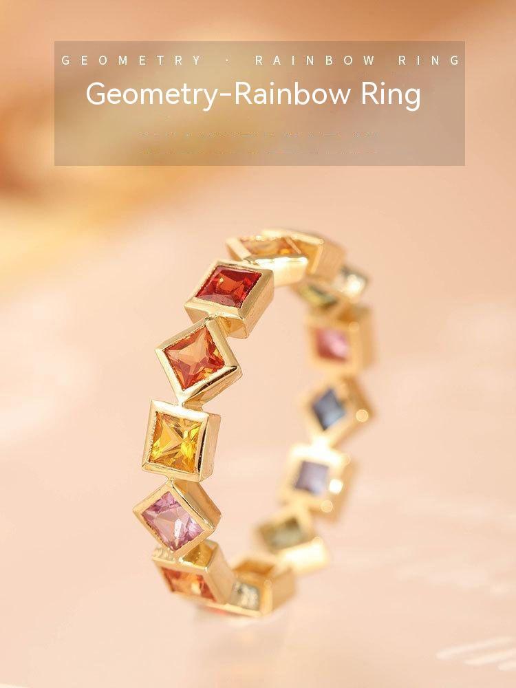 Gold Plated Geometric Ring Colorful Crystal Inlays Rainbow Jewelry For Women Durable Elegant Accessory Classic