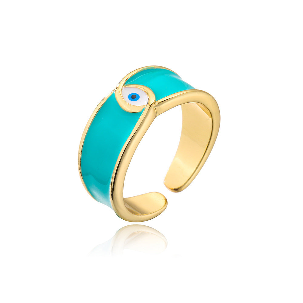 Copper Plated Gold Devil Eye Ring Zircon Adjustable Opening European American Fashion Jewelry New Design Women