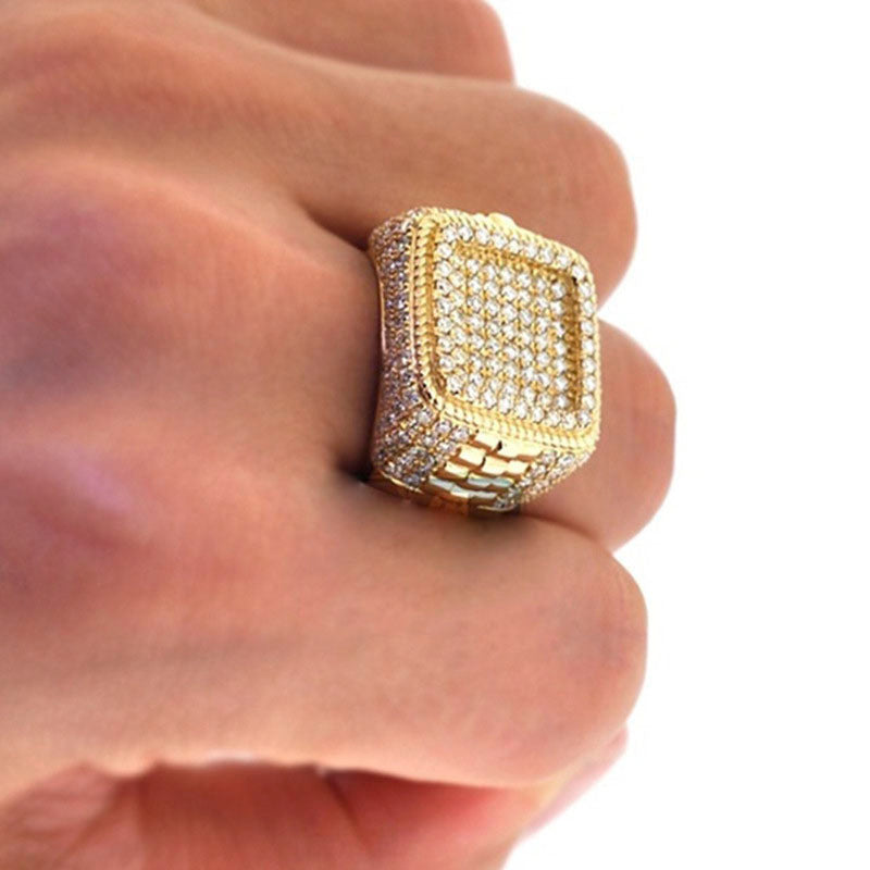 Mens Gold Plated Ring With Simulated Diamond Accents Geometric Design European American Inspired Fashion Jewelry