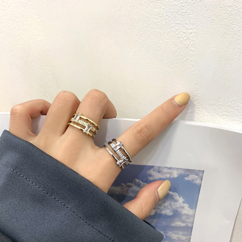 Triple Layer Gold Plated Brass Zircon Rings With Inlaid Geometric Design Korean Fashion Gift For Women For Her