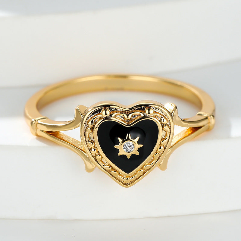 Gothic Black Enamel Heart Ring Copper Electroplated Jewelry For Women Girls Party Gift With Golden Accent And Gift Box
