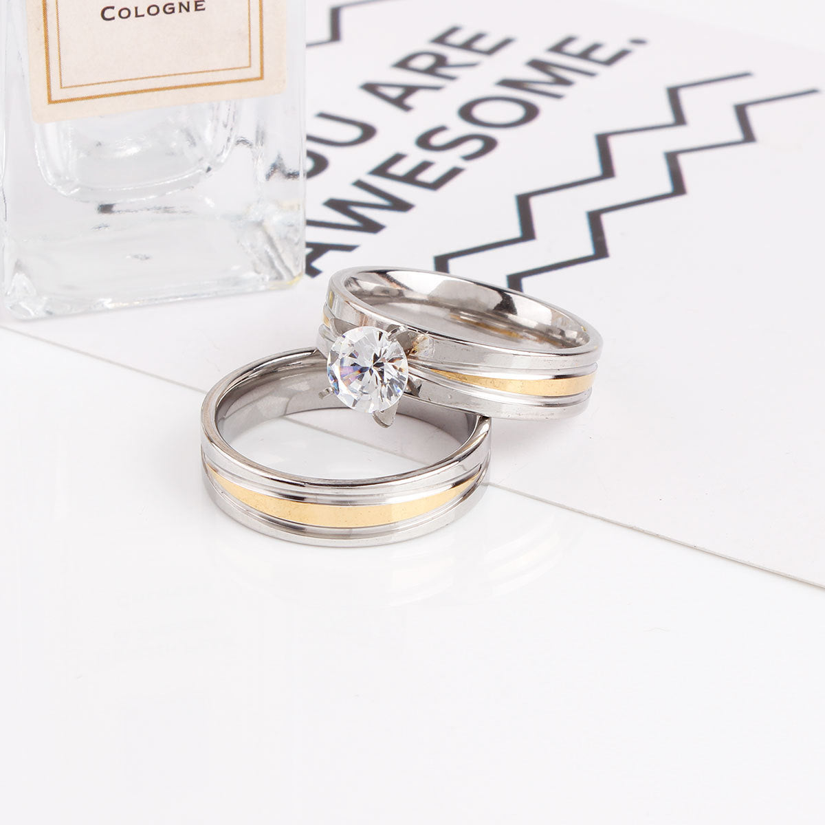 Two Tone Brushed Stainless Steel Rings With Gold Plated Accent Sandblasted Metal Rings For Couples Luxury Line