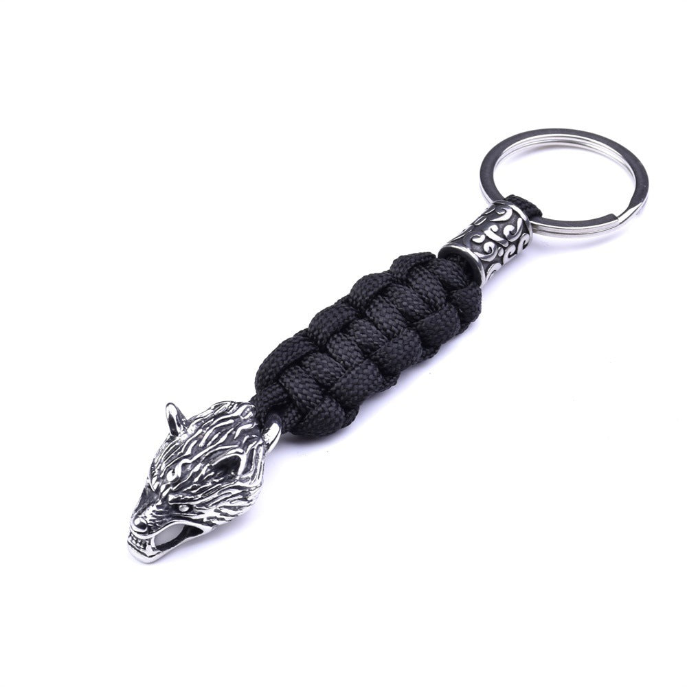 Paracord Key Ring With Wolf Head Beads Stainless Steel Keychain Length 15cm Durable Rope Craft For Outdoor Use