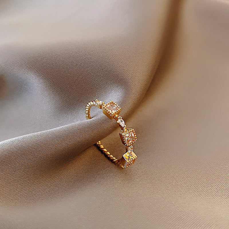 Women Adjustable Gold Plated Rings With Geometric Design And Artificial Gems For Wedding Jewelry Korean Fashion