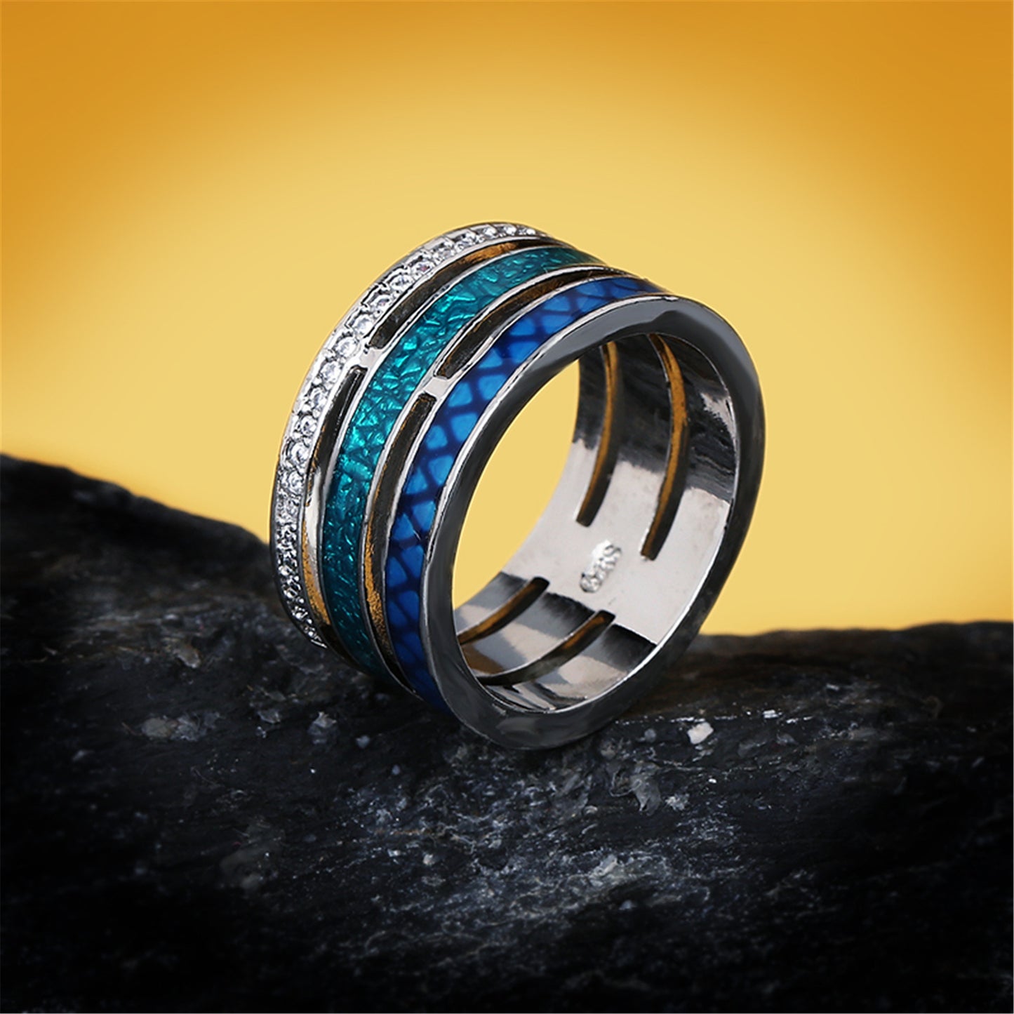Colorblock Ring Textured Brass Ring With Zircon Inlay For Women And Girls Fashion Jewelry Gift Fashion Jewelry
