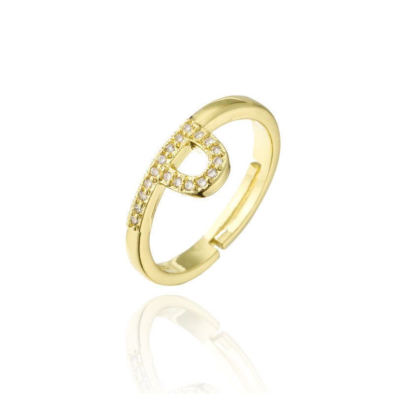 Adjustable Letter Ring Zircon Inlay Copper Jewelry