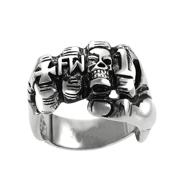 Mens Titanium Steel Ring Vintage Fist Cross Palm Design Motorcycle Biker Ring Steel Color Retro Ring for Men Fashion Jewelry Gift Band No 8 to 14