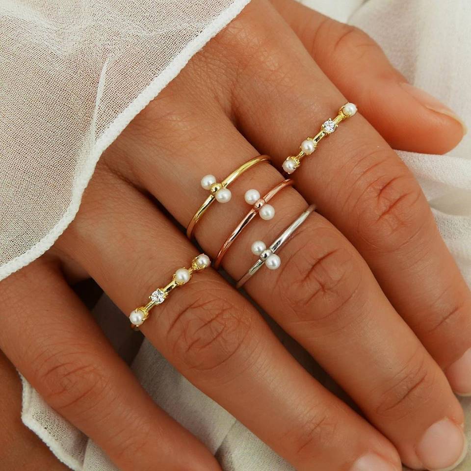 Electroplated Alloy Ring Set With Pearl Inlay And Artificial Gems Semi Precious Stones Fashion Jewelry Ring Pro