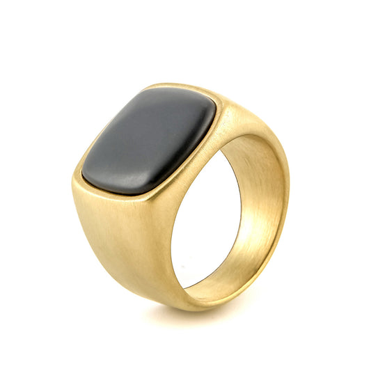 Mens Stainless Steel Ring Black Agate Geometric Design European American Casting Ring Gift For Trade Fairs Now