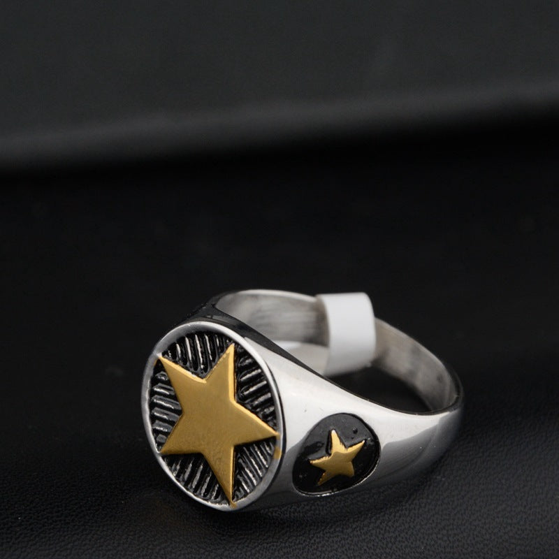 Unisex Stainless Steel Ring with Five Pointed Star Round Design Hip Hop Statement Ring Silver and Golden for Men and Women Fashion Jewelry