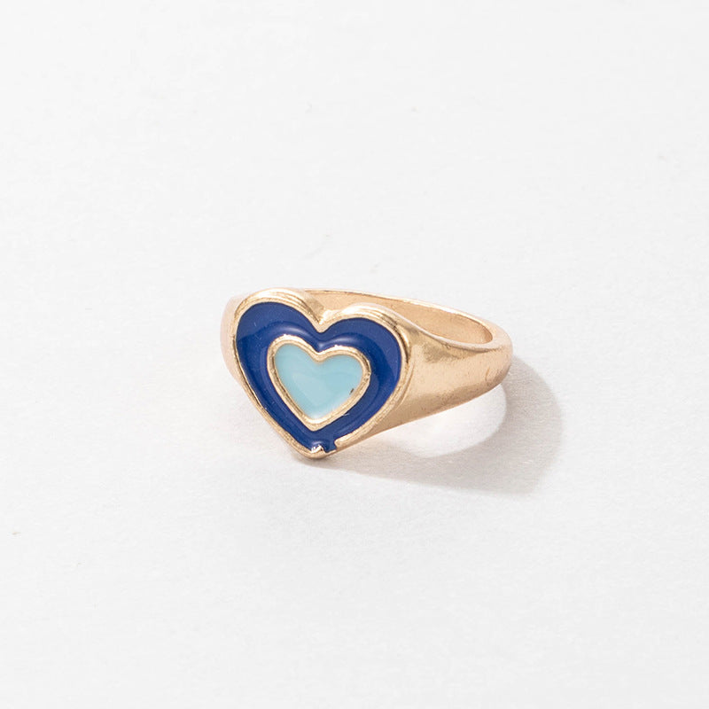 Bohemian Cartoon Ring Dripping Oil Alloy Heart Shaped Ring With Floral Daisy Or And Rainbow Elements For Women