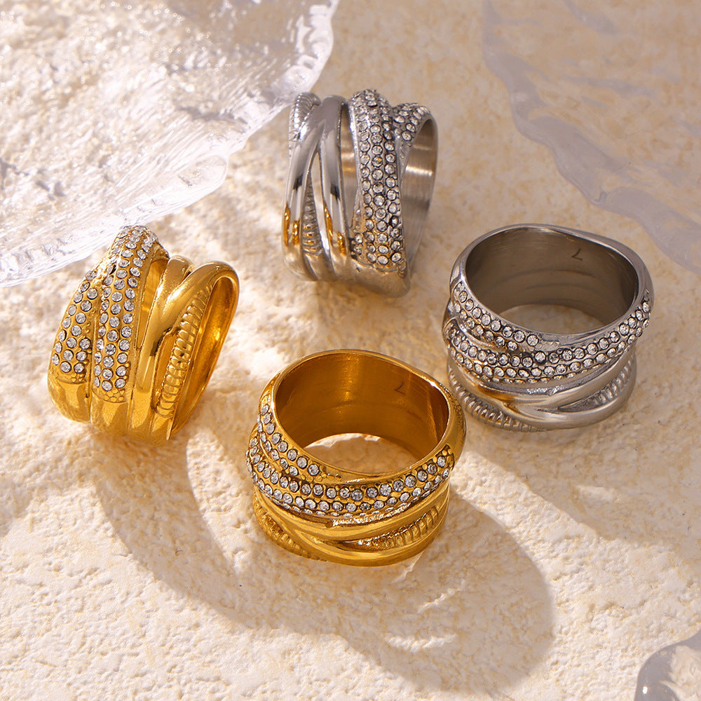 Womens Cross Woven Band Diamond Ring Titanium Steel Geometric Fashion Jewelry Electroplated Elegant Chic Style