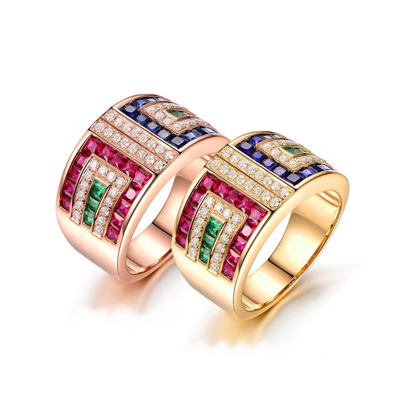 Women Color Zircon Ring Geometric Copper Gold Plated Inlaid Gemstones Semi Precious Stones Cocktail Party Ring