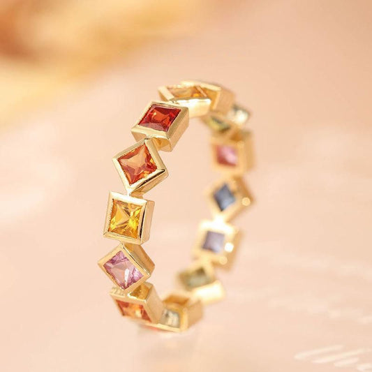 Gold Plated Geometric Ring Colorful Crystal Inlays Rainbow Jewelry For Women Durable Elegant Accessory Classic