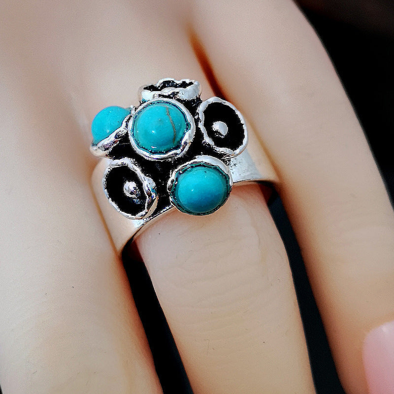 Womens 925 Sterling Silver Rings Vintage Thai Flower Turquoise Gemstone Electroplated Retro Floral Design Gifts