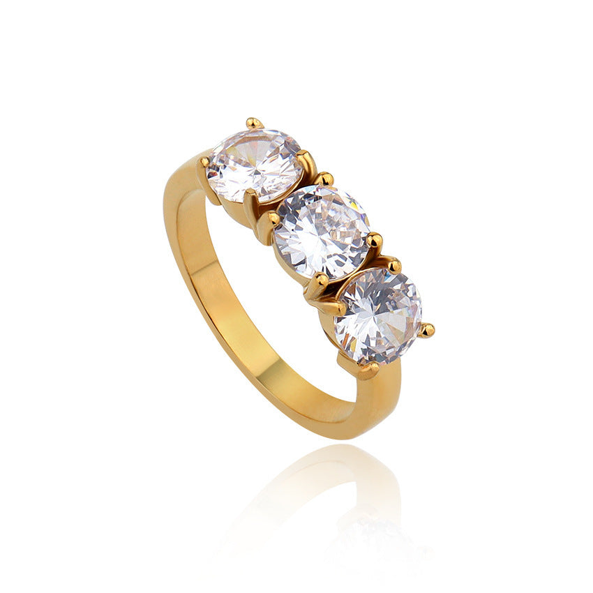 Stainless Steel Zircon Ring With Four Claw Inlay White Pink