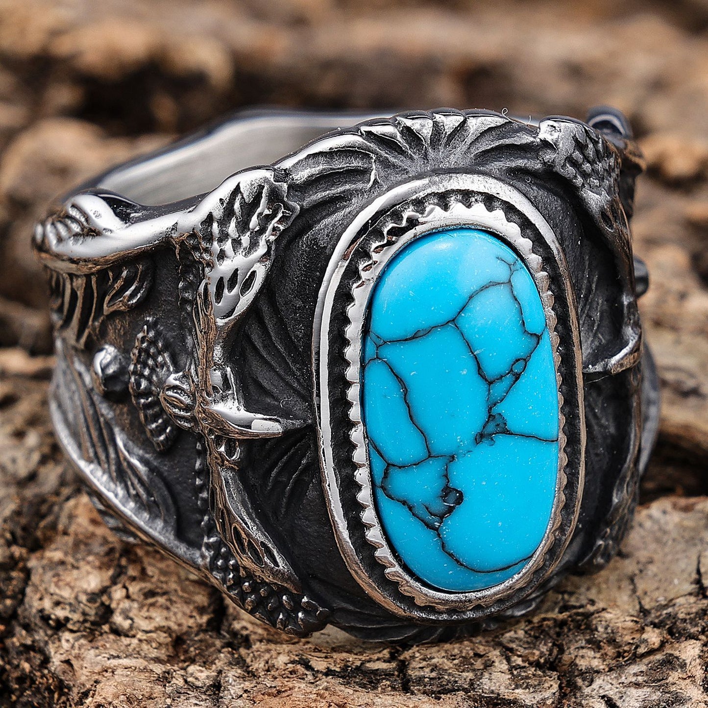 Unisex Turquoise Gemstone Ring Stainless Steel Eagle Inlaid Design Polished Metal Band Fashion Jewelry For Men Women
