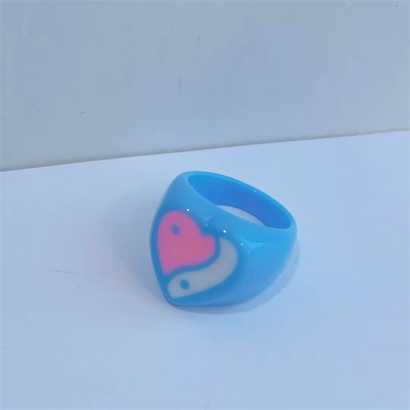 Geometric Resin Ring With Heart Eight Diagrams Design Fashion Ring 17mm Inner Diameter Yellow Red Purple Color