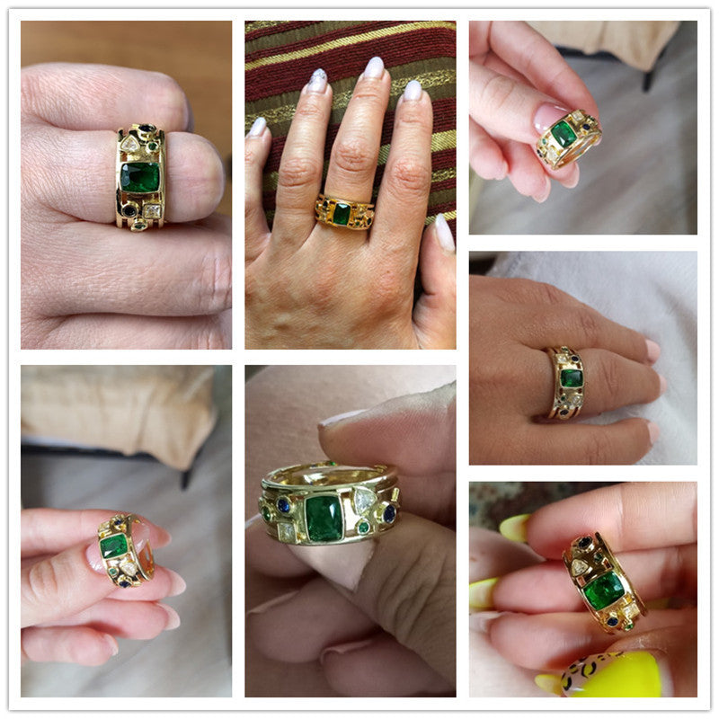 Womens Gold Inlaid Green Zircon Ring Geometry Design Copper Ring Inlaid Jewelry Gift Holiday Style For Women Gift
