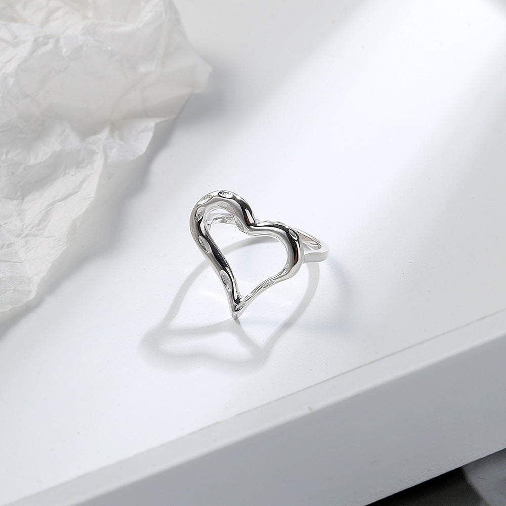 Sterling Silver Heart Ring For Women Korean Style Adjustable Opening Ring White Gold Plated 925 Simple Classic
