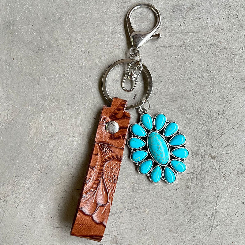 Leather Keychain Embossed Cattle Leather Turquoise Pumpkin Flower Pendant Western Style Electroplated Key Ring