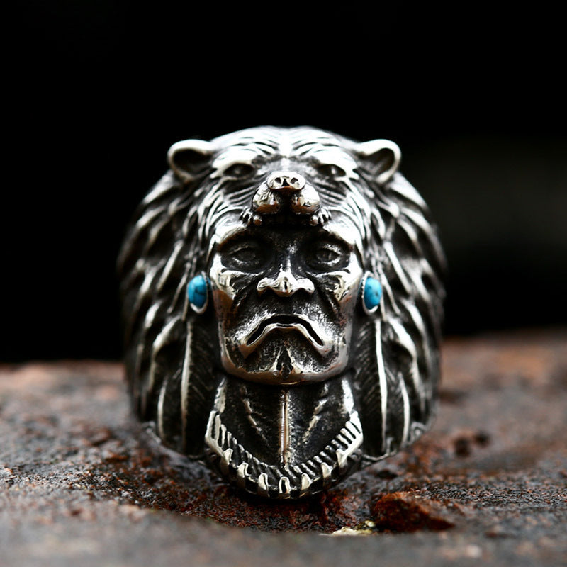 Men's Titanium Steel Ring with Turquoise Stone Polished Emirates Ornament Animal Zodiac Ring for Men Polished Statement Ring Stainless Steel Casting Ring