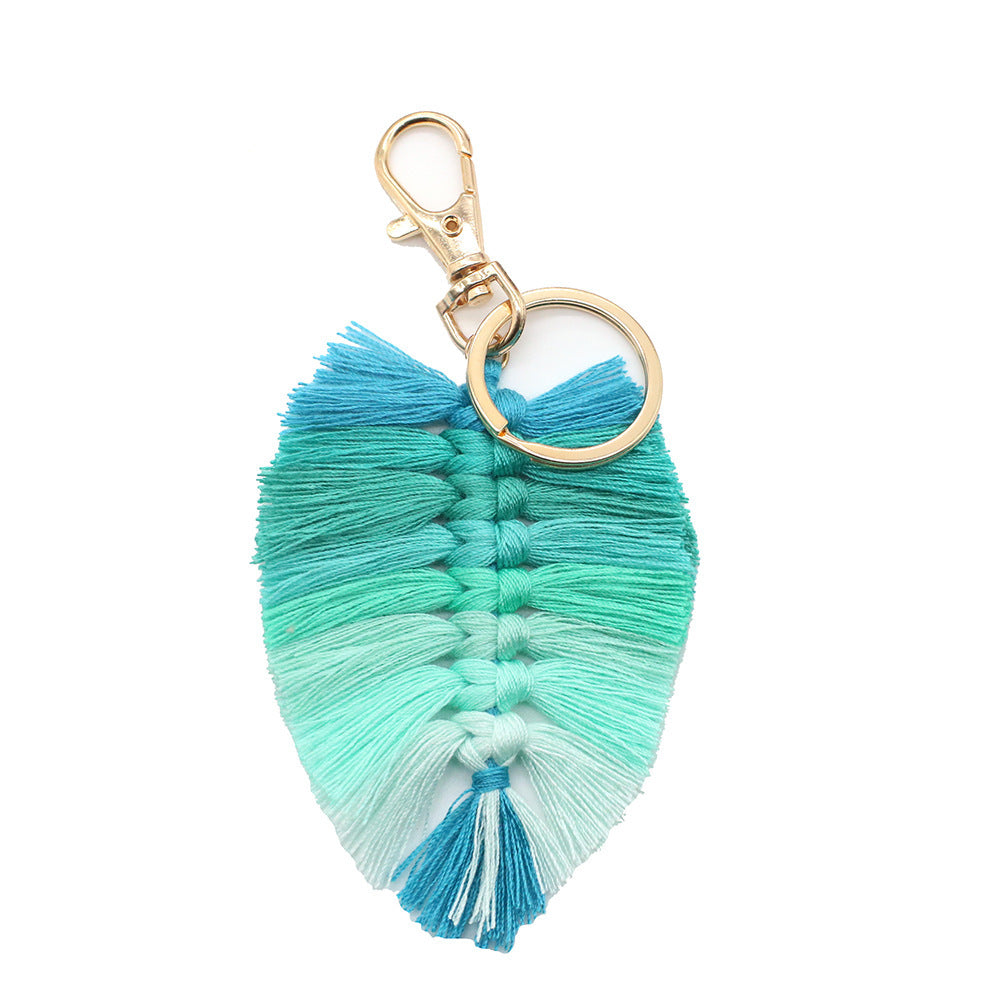 Handwoven Key Chain With Tassel And Leaf Pendant Cotton Rope Key Chain Accessory Unisex Bag Charm Beige Modern