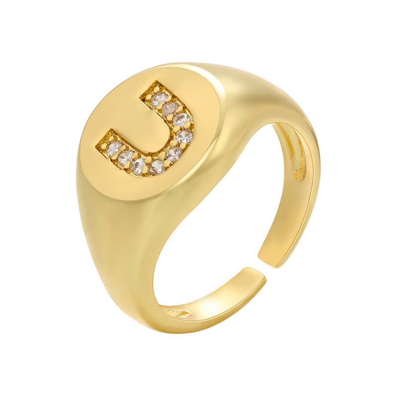 Women Adjustable Initial Ring Wide Band Gold Tone Diamond Accent Personalized Alphabet Jewelry Gift Daily Wear