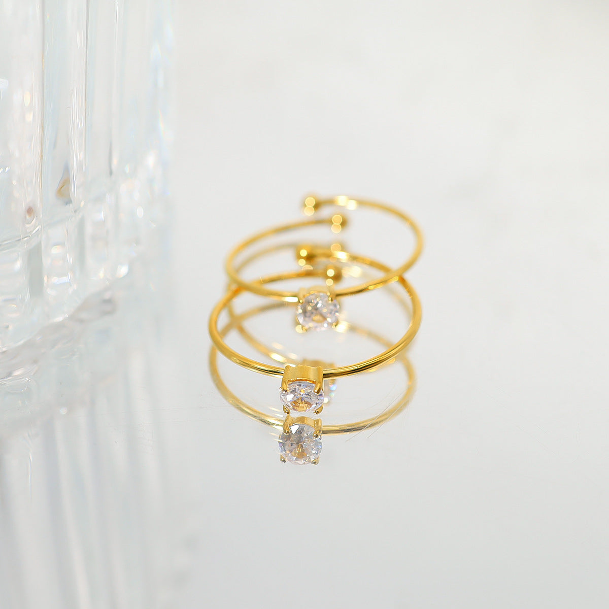 Ultra Fine Micro Inlaid Adjustable Ring Stainless Steel Plated 18K Gold For Women Jewelry Snowflake Ice Flower Style