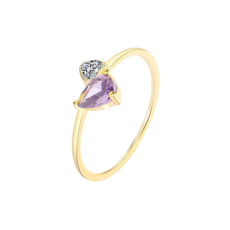Women's Ring 14K Gold Plated Ring with Purple Gem and Peach Heart Design S925 Sterling Silver Ring Electroplated Diamond Ring for Her