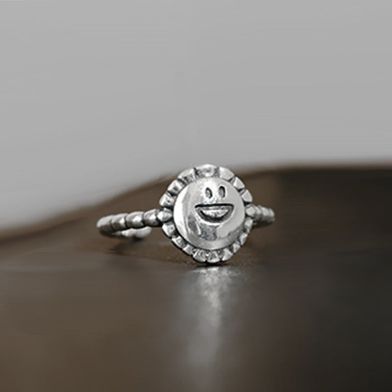 Womens Vintage Copper Ring Adjustable Open Index Finger Ring Smile Sunflower Geometric Intricate Electroplated