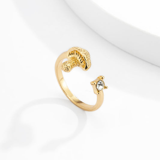 Womens Fashion Ring Elegant Alloy Rhinestone Ring with Small Mushroom Design Gold Finish White Daily Wear Look