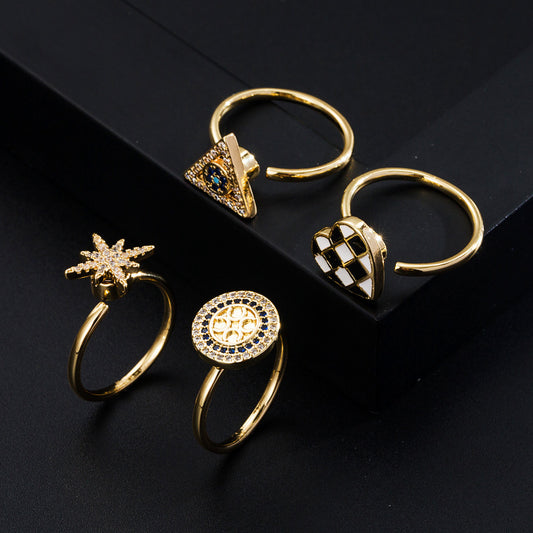 Rotatable Zircon Ring Gold Plated Copper Micro Inlaid Adjustable Open Elegant Style Jewelry For Everyday Wear