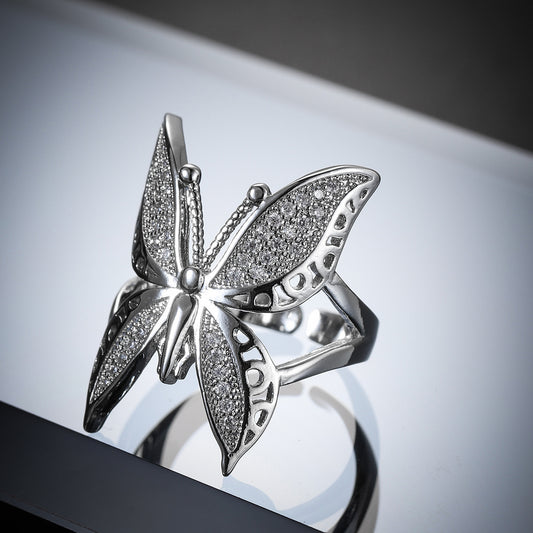Geometric Butterfly Zircon Ring For Women Adjustable Copper Jewelry European American Style White Zircon Shine