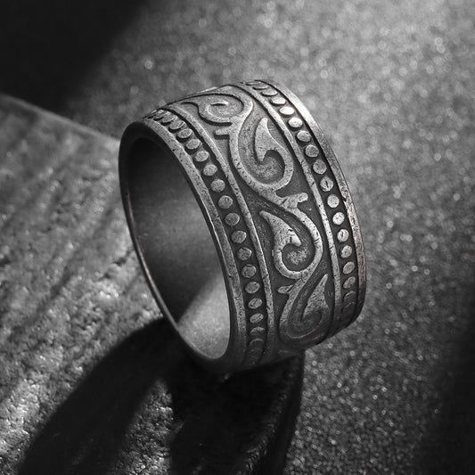 Mens Titanium Steel Ring 13mm Wide Geometric Totem Design Vintage Style Band Distressed Silver Finish For Men Everyday