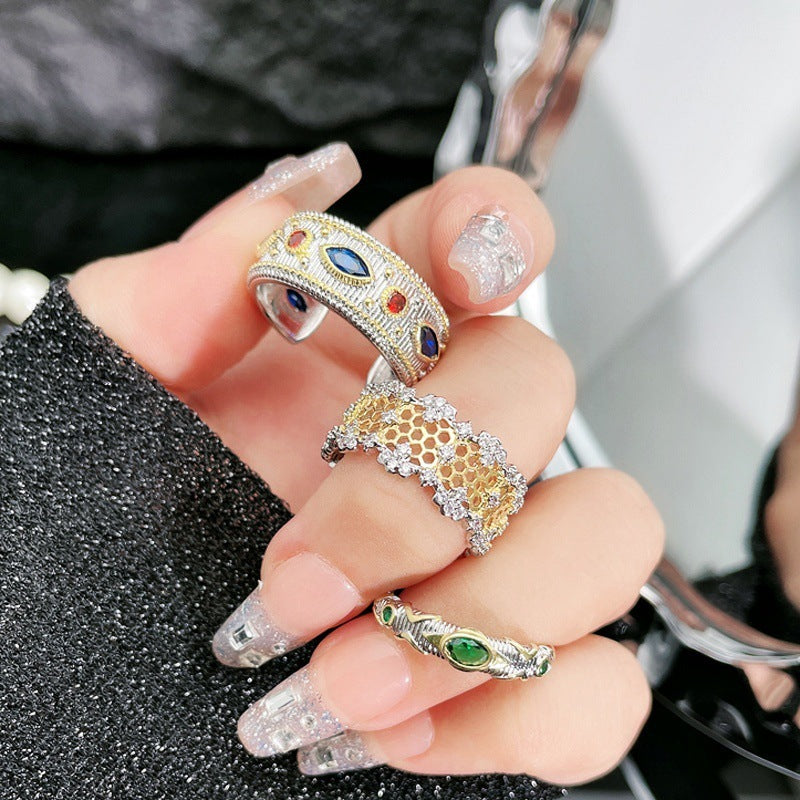 Women Retro Geometric Copper Ring With Zircon Inlaid Hollow Opening Design Fashion Jewelry Gift For Her Copper
