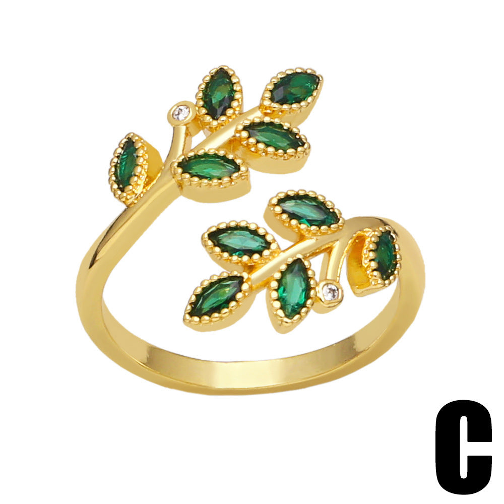 Leaves Design Ring Adjustable Zircon Copper Jewelry Elegant Unique Fashion Accessory For Her EverydayWear Gift