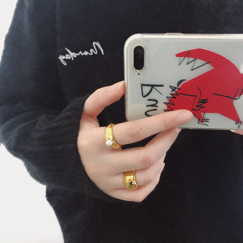 Titanium Steel Ring With Artificial Pearl Irregular Dot Design Fashion Jewelry Band Delicate Ring For Women And Girls