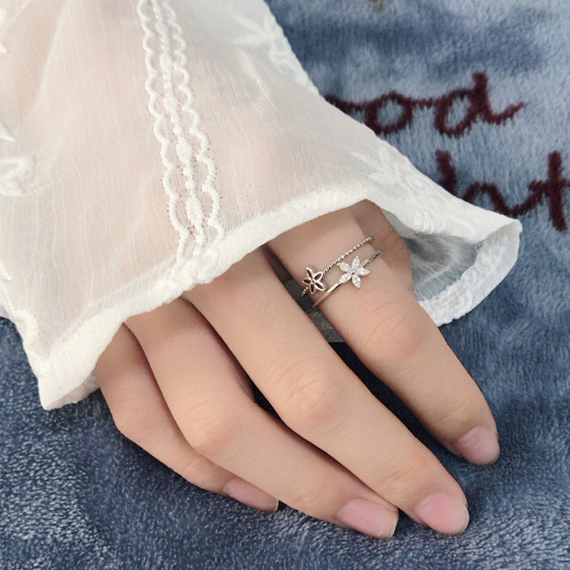 Womens Flower Ring Adjustable Double Layer Copper Jewelry Delicate Flower Design Gift For Her Korea Style Size