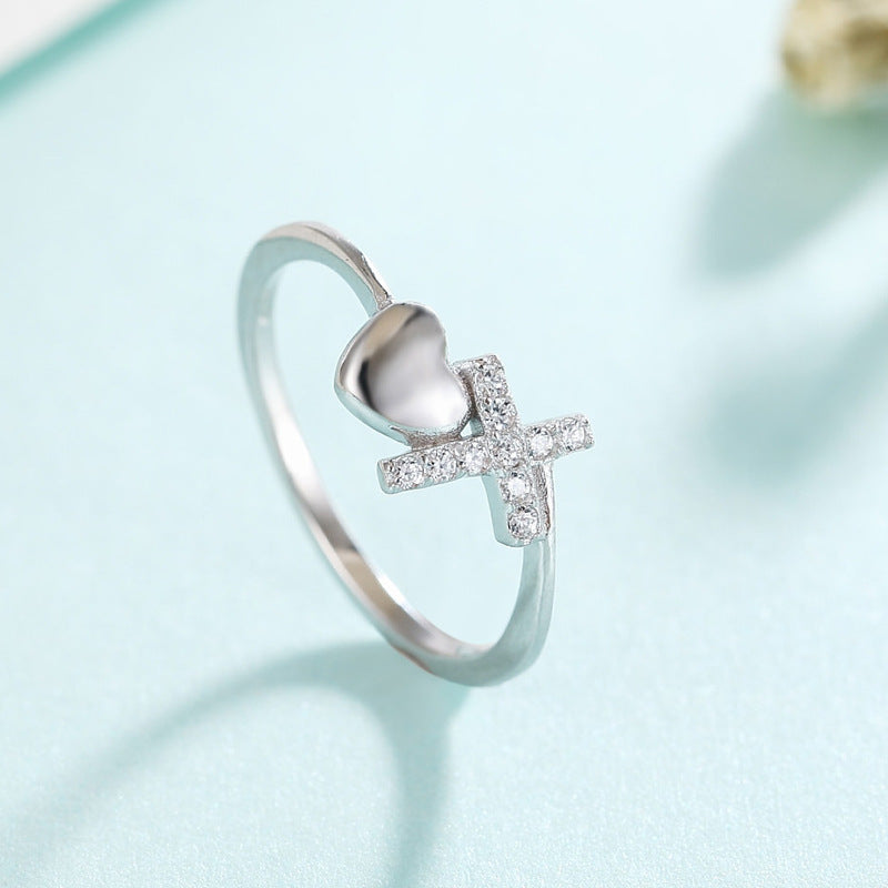 Sterling Silver Heart Ring With Cross Design For Women 925 Peach Jewelry Fashion Ring For Women And Girls Gift