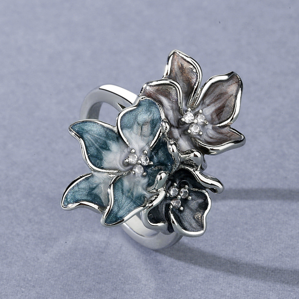 Simple Chinese Style Splash Ink Epoxy Inlaid Zircon Flower Ring For Women Retro Vintage Jewelry Elegant Finish