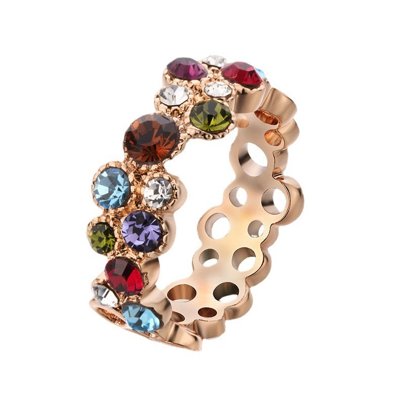 Geometric Rose Gold Electroplated Alloy Ring With Inlaid Gemstones Womens Fashion Jewelry Shine Crystal Sparkle