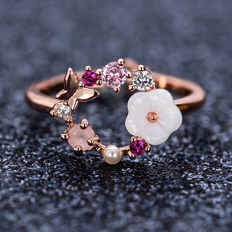 Womens Adjustable Shell Flower Butterfly Pearl Ring Crystal Inlaid Copper Rose Gold Geometric Fashion Jewelry Gift