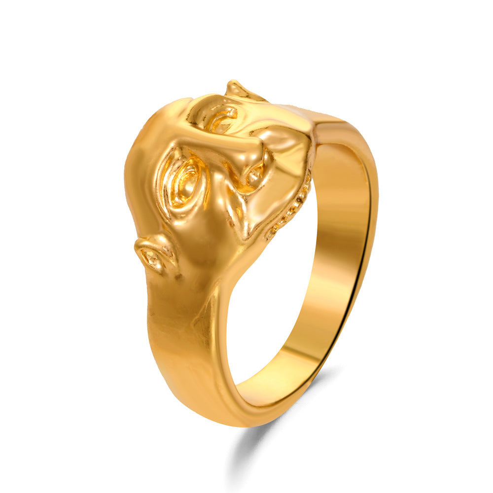 Womens Abstract Face Ring Retro Exaggerated Personality Creative Alloy Electroplated Fashion Statement Ring Gold White