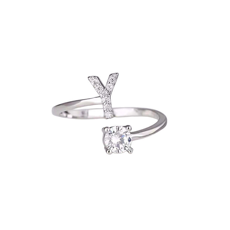 Women's Initial Alphabet Zircon Ring Open Mouth Adjustable Design A to Z Letter Jewelry Gift for Her Gifts for Her