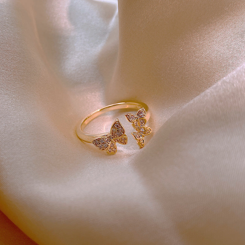 Real Gold Plated Butterfly Ring With Zircon Inlay In Alloy Open Adjustable Band For Women Gift Korean Style Jewelry