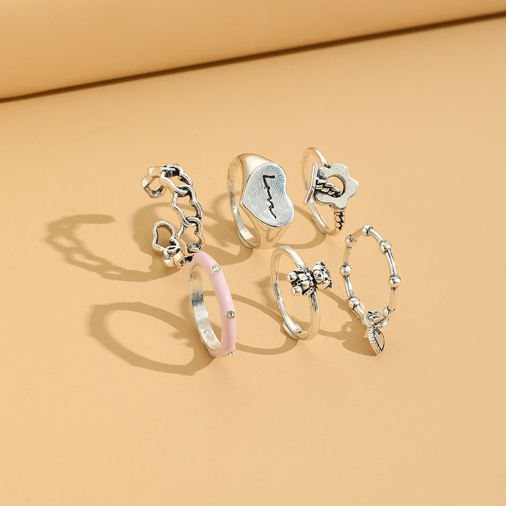 Womens Flower Charm Ring Set 6 Zinc Alloy Love Rings