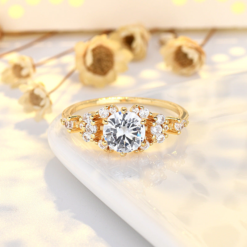 Womens Crown Ring Sterling Silver 14K Gold Plated Six Claw Zircon Design Elegant 8mm Wide Fashion Jewelry For Women